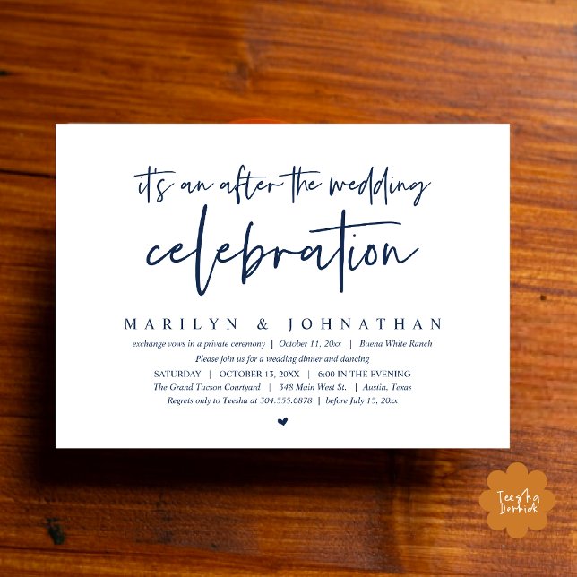 Convites É um após a celebração do casamento, janto (It's an after the wedding party, Modern Romantic Dinner Celebration Invitation Card PDF Navy Blue)