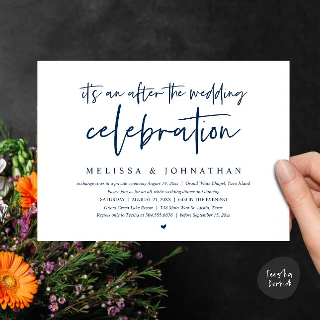 Convites É um após a celebração do casamento, janto (Happily Ever After Party, After the wedding celebration Romantic Dinner Invites Card PDF Navy Blue)