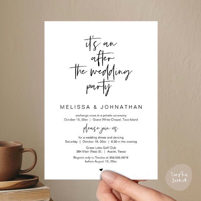 Convites É um após a festa de casamento, elopemento de casa (Happily Ever After Party, Wedding Elopement Dinner Brunch Lunch Invitation Card, PDF, White Black)