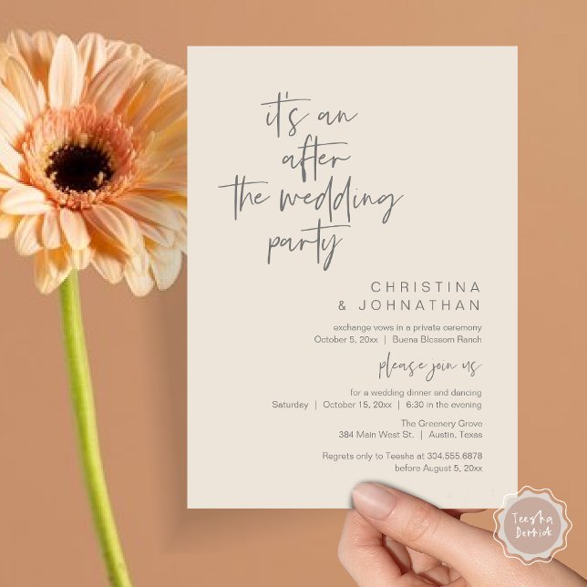 Convites É um após a festa de casamento, janto de elopement (It's an after the wedding, Elopement dinner dancing brunch Party Invitation Card PDF Cream Grey)