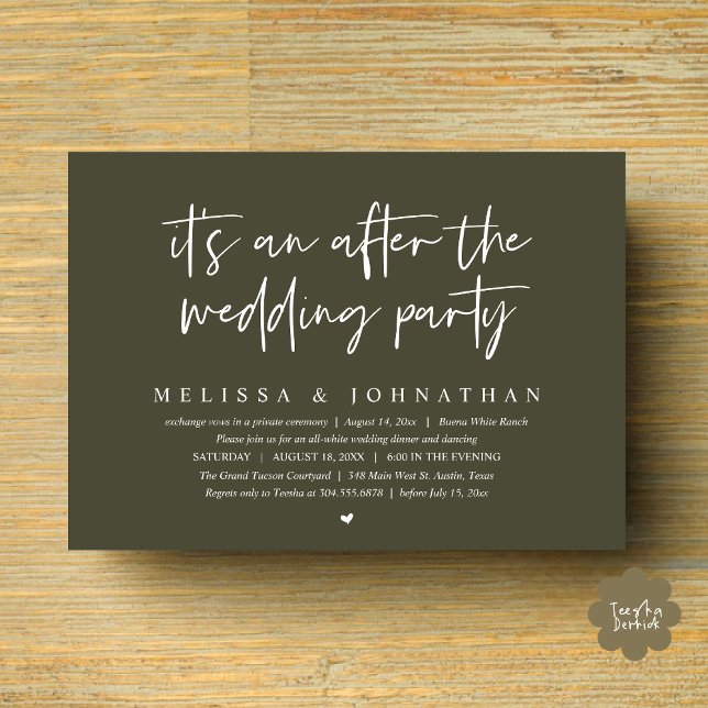 Convites É um após a festa de casamento, Janto romântico (It's an after the wedding party, Modern Romantic Dinner Celebration Invitation Card PDF Olive Green)