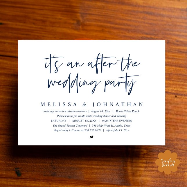 Convites É um após a festa de casamento, Janto romântico (It's an after the wedding party, Modern Romantic Dinner Celebration Invitation Card PDF Navy Blue)