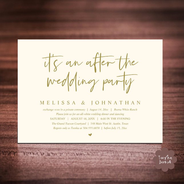 Convites É um após a festa de casamento, Janto romântico (It's an after the wedding party, Modern Romantic Dinner Celebration Invitation Card PDF Yellow Gold)