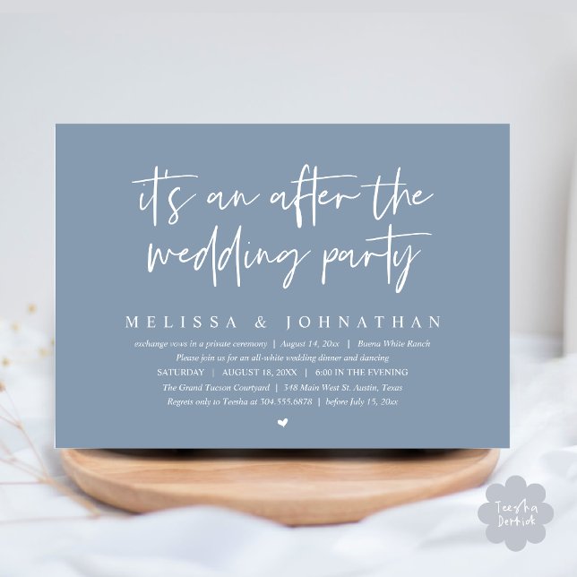 Convites É um após a festa de casamento, Janto romântico (It's an after the wedding party, Modern Romantic Dinner Celebration Invitation Card PDF Dusty Blue)