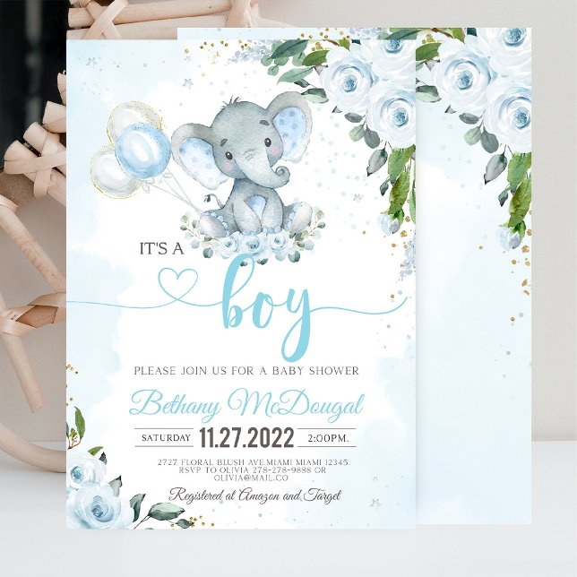 Convites É um Balão Azul de Elefante Menino (It's a Boy' baby shower invitation with an elephant and blue balloon design, perfect for a baby boy')