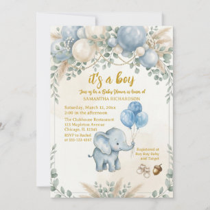 Convites É um balão azul menino elefante fofo chá de bebê