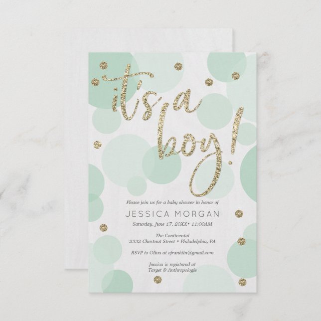 Convites É um Bolinhas verde para bebês. (Frente/Verso)