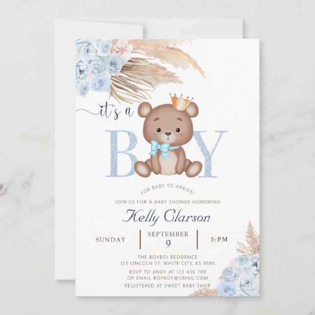 Convites É um "BOY Blue Pampas Grass Boho Teddy Bear" (Frente)
