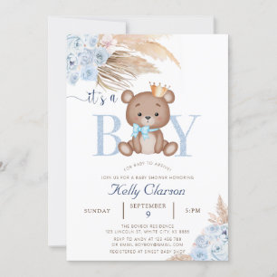 Convites É um "BOY Blue Pampas Grass Boho Teddy Bear"
