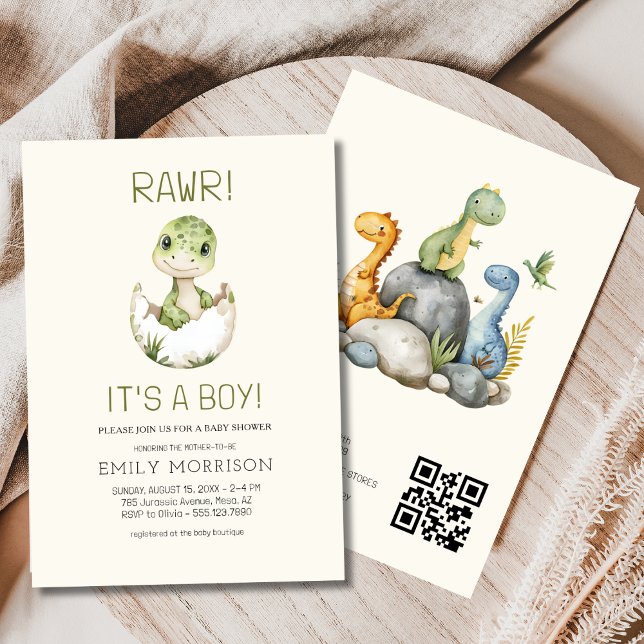 Convites É um Chá Boho Dinossaur Baby Boy QR Boho (Criador carregado)