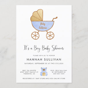 Convites É um Chá Carruagem azul Dourado de aquarela