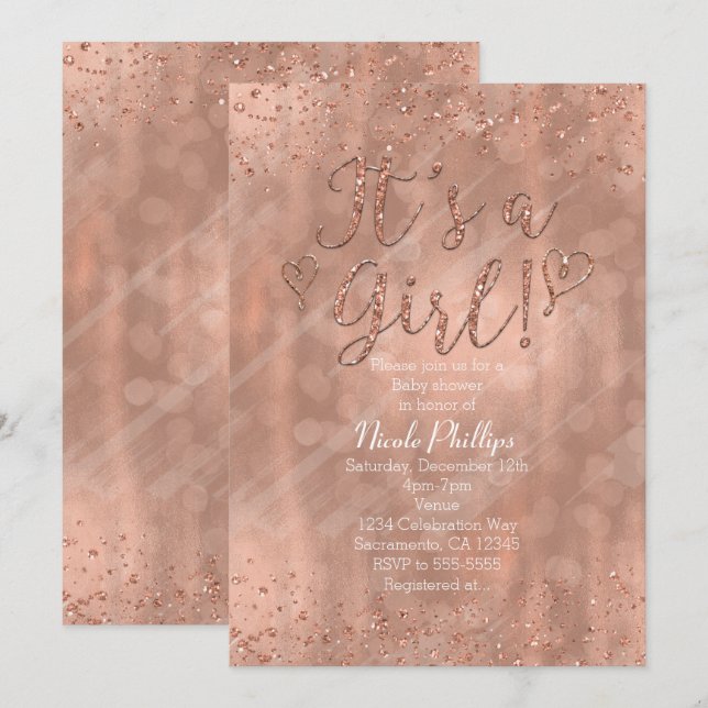 Convites É um Chá de Bebê Menina Rosa Dourado Glamour (Frente/Verso)