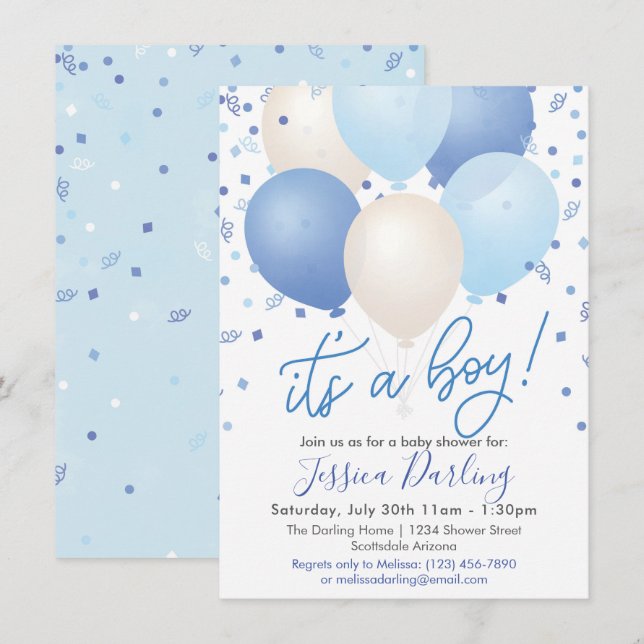 Convites É um Chá de Bebê Menino Balões Azuis e Confetes (Frente/Verso)
