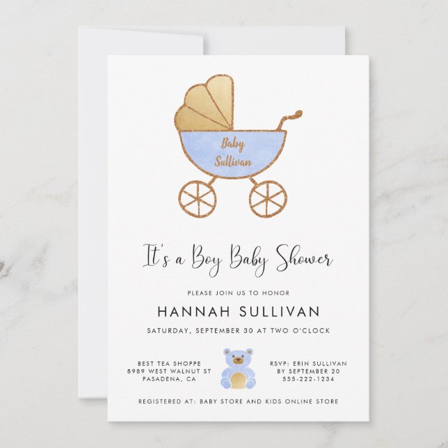 Convites É um Chá de Carruagem azul Dourada de aquarela (Frente)