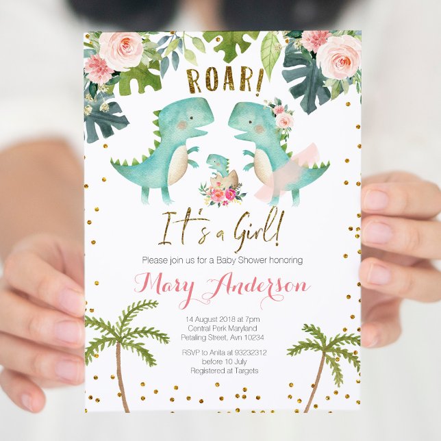 Convites É um Chá de Casal de Dinossauro Dourado Rosa (Criador carregado)