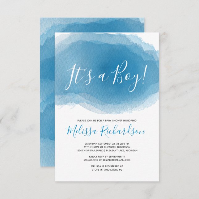 Convites É UM Chá de fraldas Abstrato azul de aquarela (Frente/Verso)
