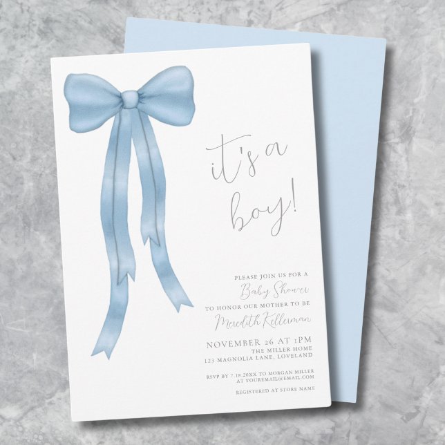 Convites É um Chá de fraldas Arco (It's A Boy Bow Baby Shower Invitation)