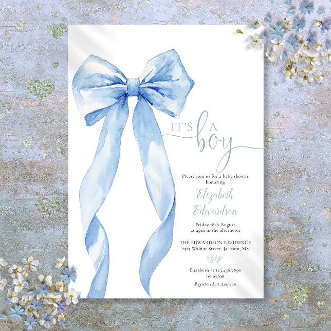 Convites É Um Chá de fraldas Arco Azul Elegante (Its A Boy Elegant Blue Bow Baby Shower Invitation)