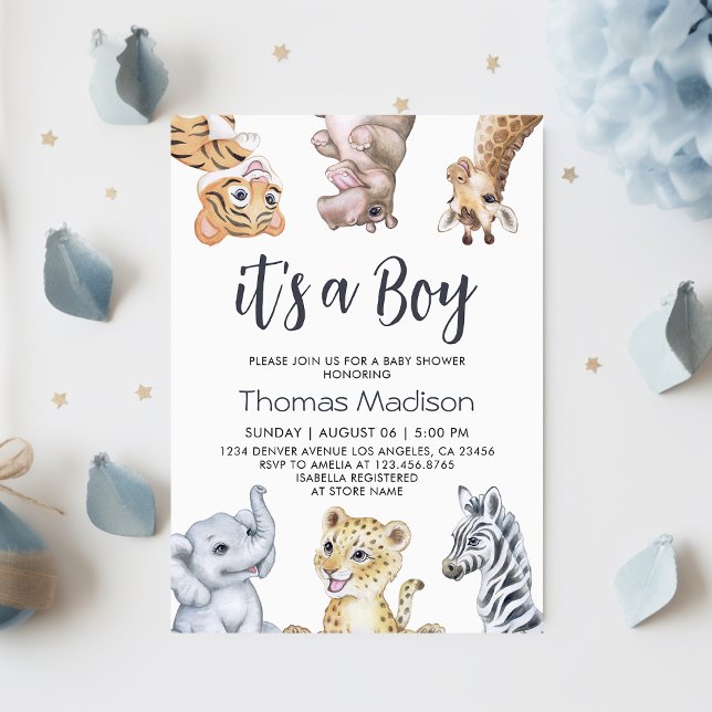 Convites É um Chá de fraldas de animais selvagens Safari (It's a Boy Wild Safari Animals Baby Shower Invitation
)