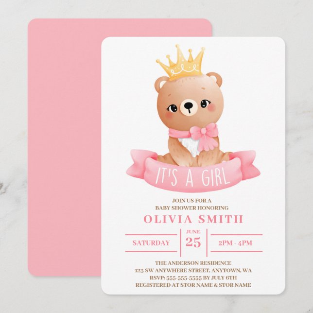 Convites É um Chá de fraldas de Aquarela de Urso Bebê Bonit (Frente/Verso)