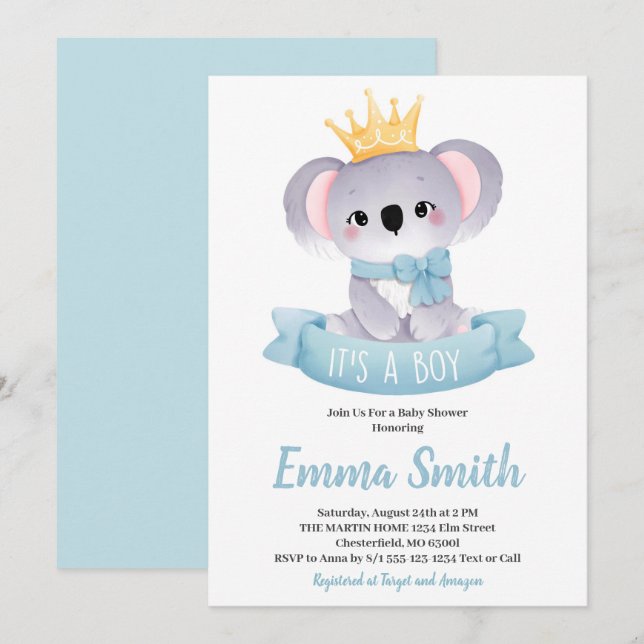 Convites É um Chá de fraldas de Aquarela Koala Cute Boy Inv (Frente/Verso)