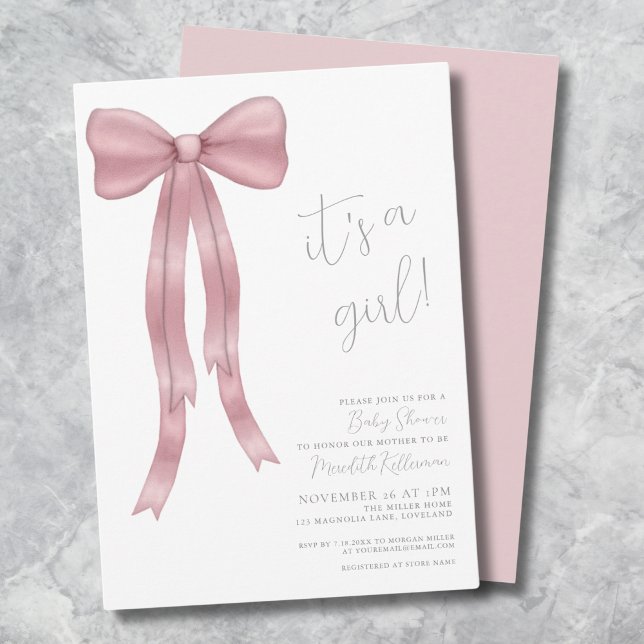 Convites É um Chá de fraldas de Arco Rosa Menina (It's A Girl Pink Bow Baby Shower Invitation)