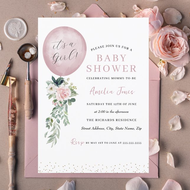 Convites É um Chá de fraldas de Balões Rosa para Garotas (Criador carregado)