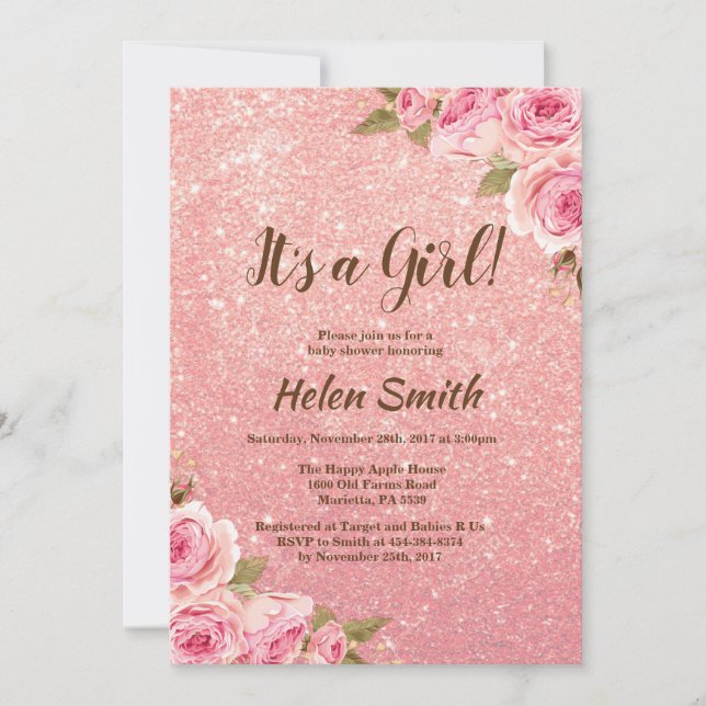 Convites É um Chá de fraldas de Brilho Dourado Rosa (Frente)