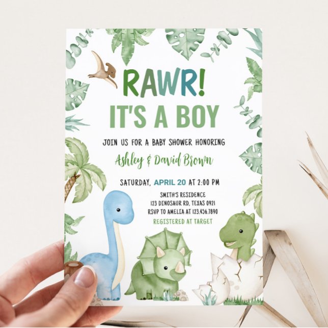 Convites É um Chá de fraldas de Dinossauro (Greenery Boy Dinosaur Baby Shower Invitation)