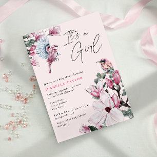 Convites É um Chá de fraldas de Floral e Pássaros Rosa