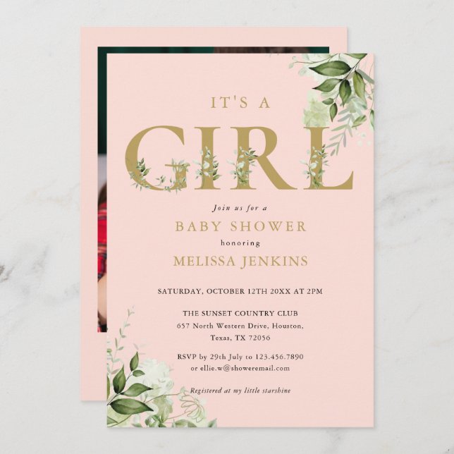 Convites É Um Chá de fraldas De Foto Dourado Rosa Verde Men (Frente/Verso)