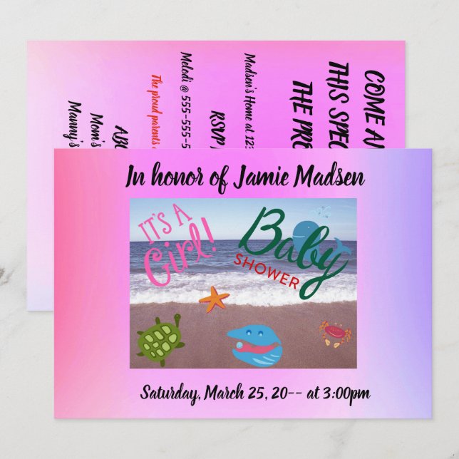 Convites É um Chá de fraldas de garota com critérios oceâni (Frente/Verso)