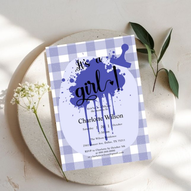 Convites É um Chá de fraldas de Gingham Marinho de Pastel G (Criador carregado)