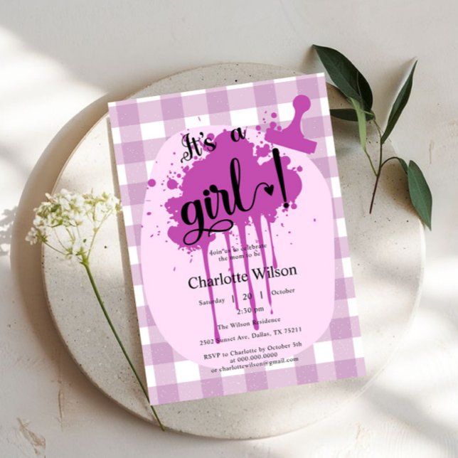 Convites É um Chá de fraldas de Gingham Púrpura de Pastel B (Criador carregado)