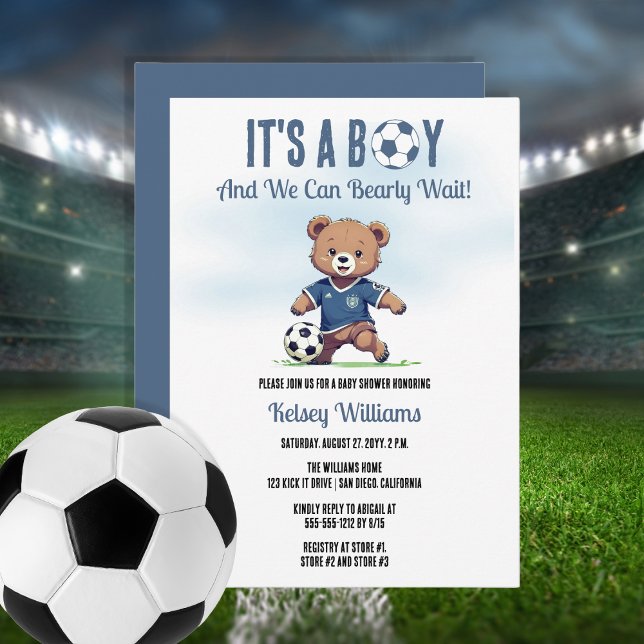 Convites É um Chá de fraldas de jogador de esperanças de me (Cute Blue "It's A Boy and We Can Bearly Wait!" Teddy Bear Soccer Player Boy Baby Shower Invitation)