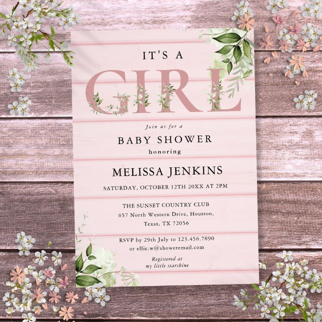 Convites É Um Chá de fraldas De Madeira Rústica Rosa Verde (Its A Girl Greenery Pink Rustic Wood Baby Shower Invitation)