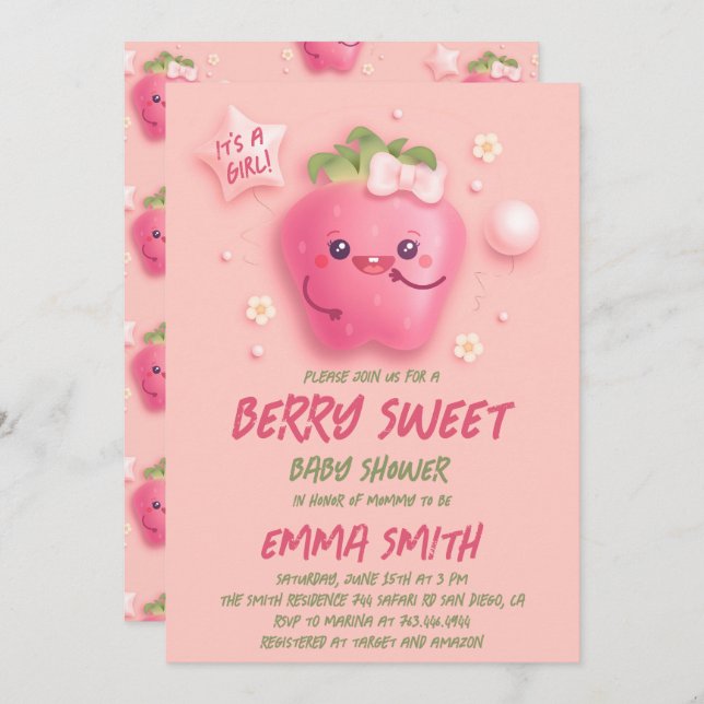 Convites É um Chá de fraldas de morango de Berry Sweet (Frente/Verso)