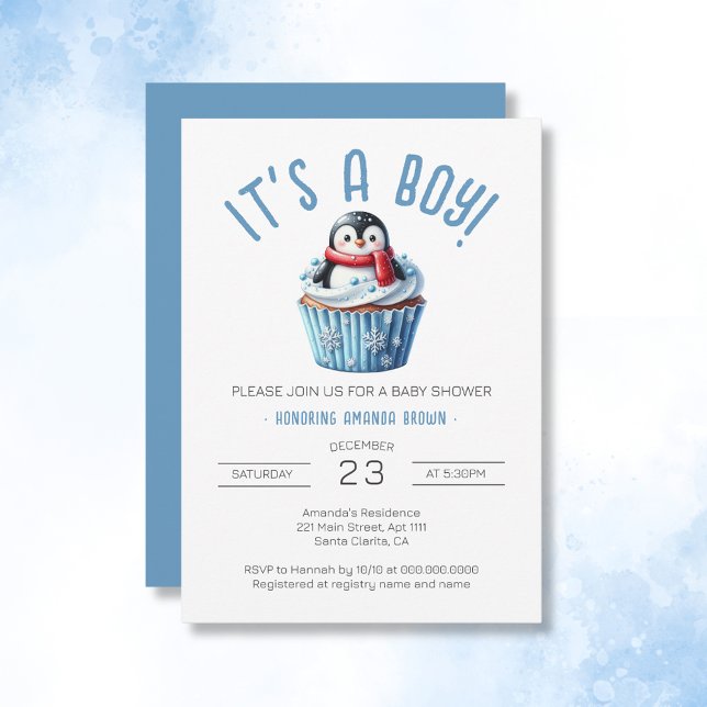 Convites É um Chá de fraldas de pinguim azul-de-inverno (It's A Boy Winter Blue Penguin Baby Shower Invitation)