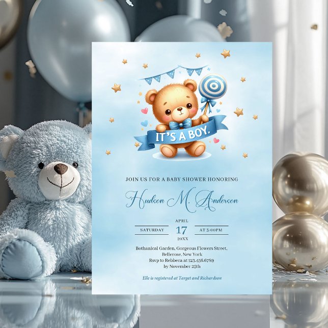 Convites É um chá de fraldas de rapaz, um urso de pelúcia (it's a boy cute teddy bear baby shower invitation)