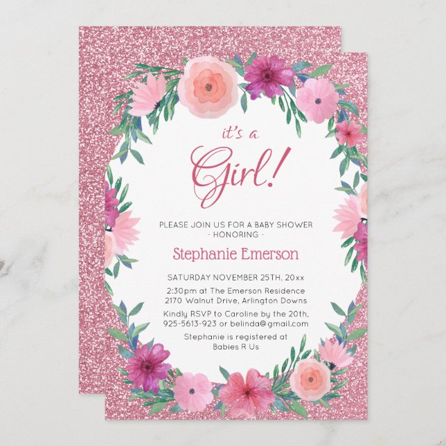 Convites É Um Chá de fraldas De Rosa Floral Dourado (Frente/Verso)