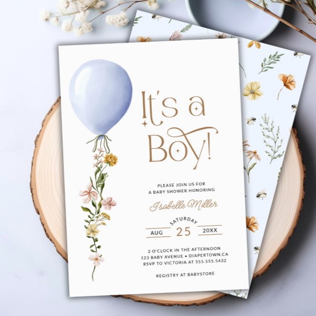 Convites É um Chá de fraldas do Balão Azul Boy (It's a Boy Blue Balloon Baby Shower Invitation)
