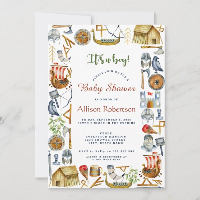 Convites É um Chá de fraldas do partido de vikings de aquar (Frente)