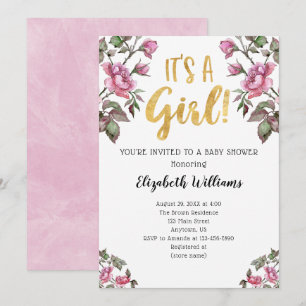 Convites É um Chá de fraldas Dourado de aquarela cor-de-r