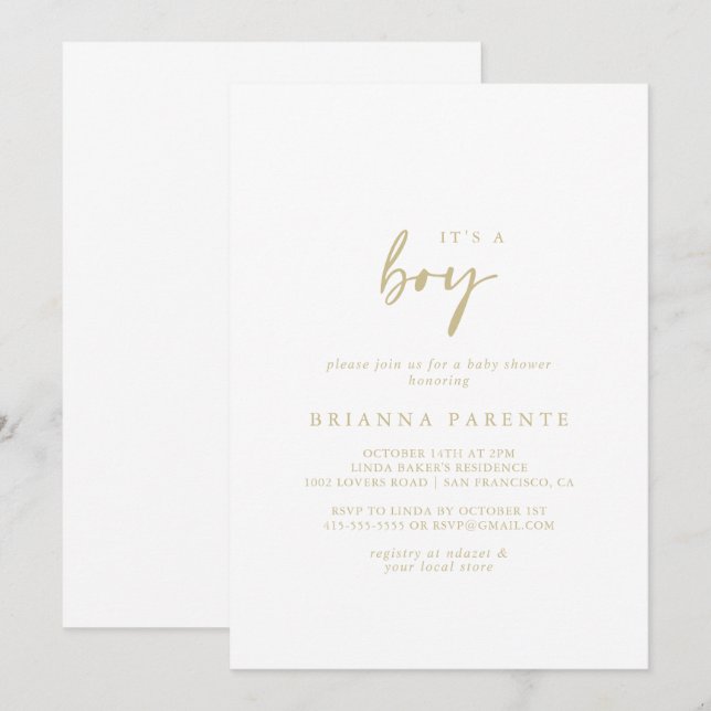 Convites É um Chá de fraldas Dourado Moderno Elegante (Frente/Verso)