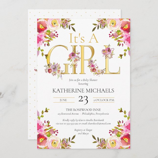 Convites É Um Chá de fraldas Floral De Blooms De Garotas (Frente/Verso)