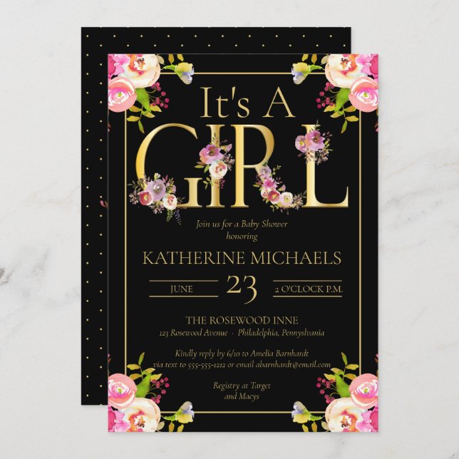 Convites É Um Chá de fraldas Floral De Blooms De Garotas (Frente/Verso)