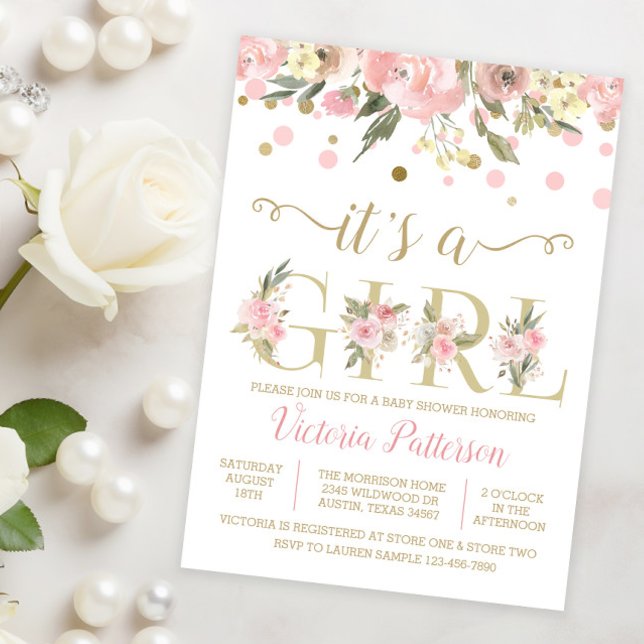 Convites É Um Chá de fraldas Floral De Moça De Água (Sweet pink and gold watercolor floral It's a girl baby shower invitation and coordinating products.)