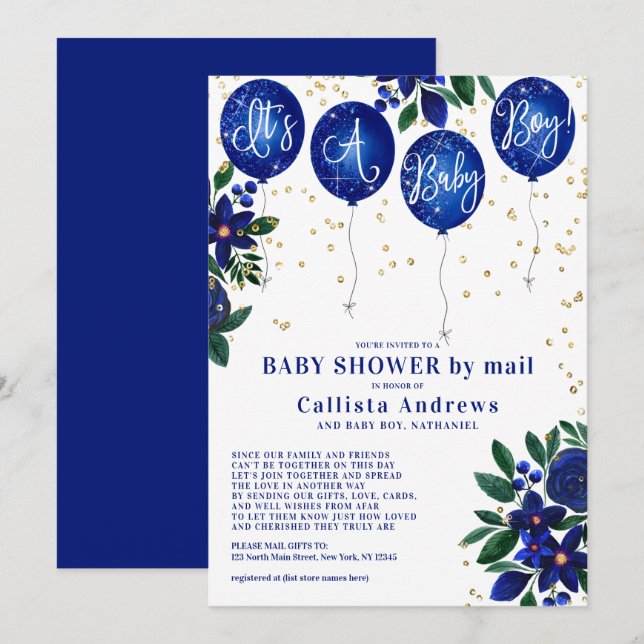 Convites É um Chá de fraldas Floral dos Balões de Brilho (Frente/Verso)