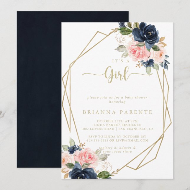 Convites É um Chá de fraldas geométrico Dourado Floral (Frente/Verso)