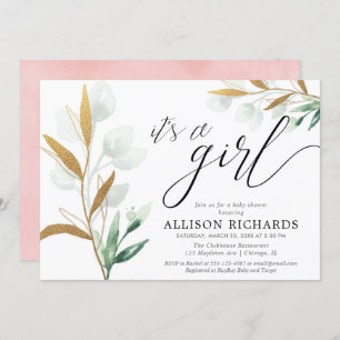 Convites É um chá de fraldas rosa de ouro verde moderno